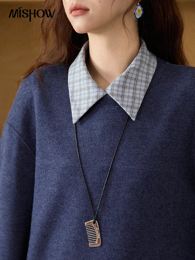 MISHOW Blue Plaid Sweatshirt Suit Women's 2025 Winter Fashion Turn-down Collar Knitted Top Straight Skirt Woman Sets MXE87T1445