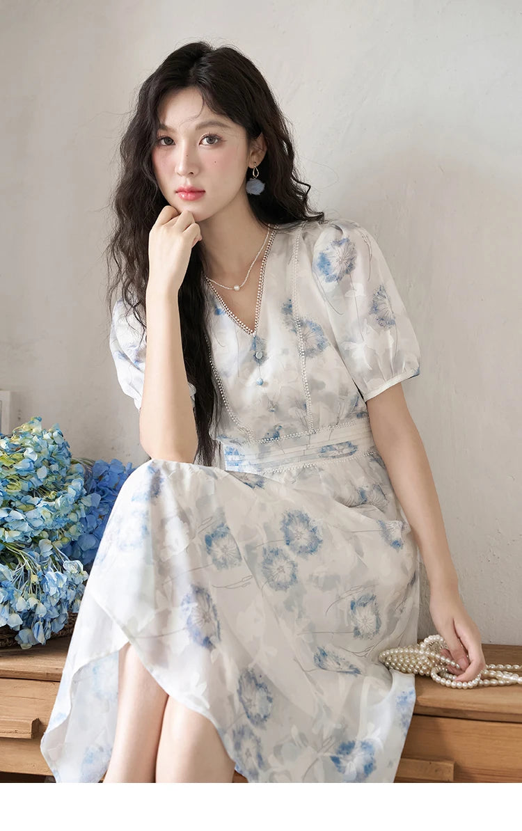MISHOW 【Taraxacum Series】Chiffon Dress for Women 2023 Summer French Taraxacum Printing V-neck Waist Puff Sleeve Dress MXC39L1555