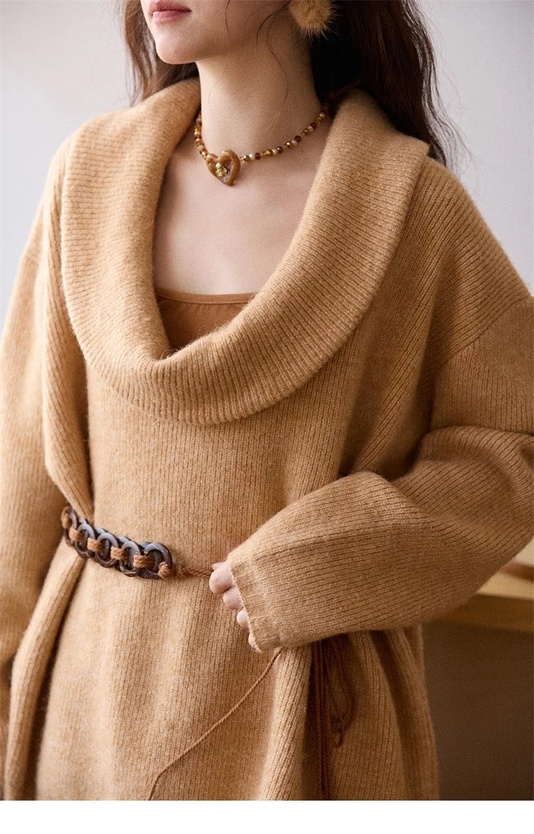 MISHOW Women's Orange Sweater 2025 Winter French Style Luxury Loose Long-sleeved Sweater Vest Belt Three-piece Set  MXE86T1437