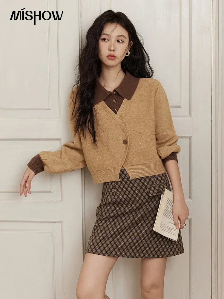 MISHOW Fake Two-piece Sweater Women French Retro Splicing Top 2024 Fall Winter New Korean Design Thin Knitwear MXD46Z0804