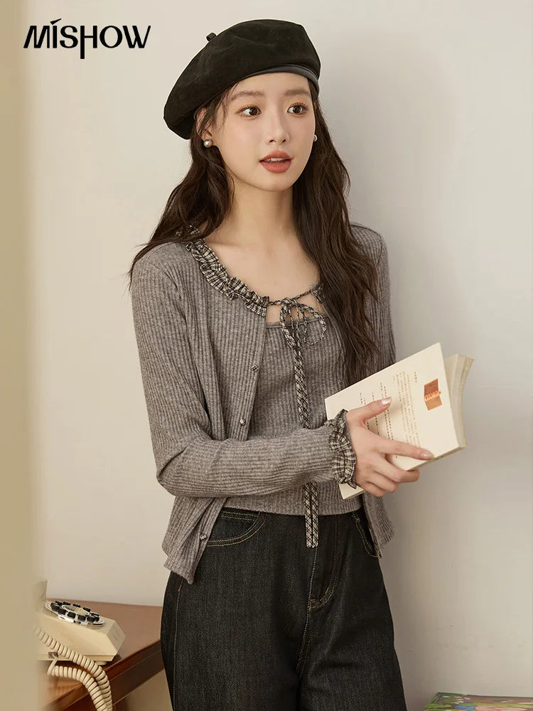 MISHOW Plaid Black Fungus Edge Tied Knitted Sweater for Women Autumn 2025 Pit Striped Knitted Fake Two-piece Top MXE44Z1361