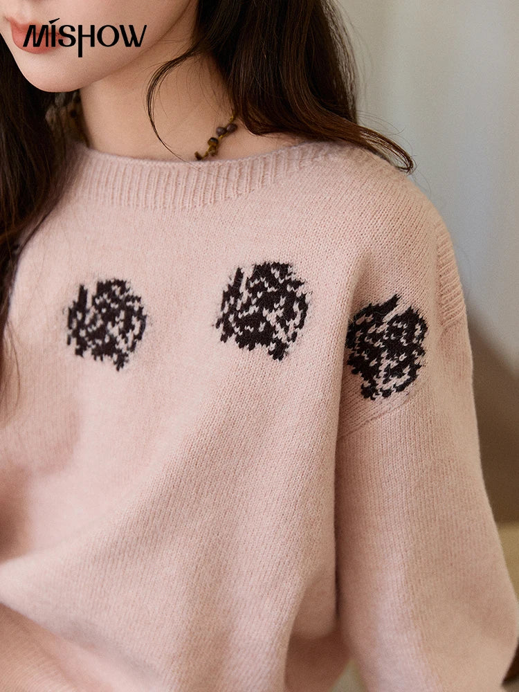 MISHOW Pink Jacquard Sweater for Women Fall Winter 2025 Lantern Sleeve Tops Shoulder Drop Thickened Knitted Sweater MXE91Z2775