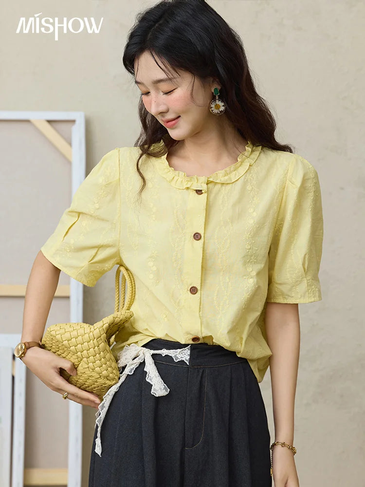 MISHOW 100% Cotton Women's Puff Sleeve Shirt 2025 Summer New Fashion Round Neck Button Top Casual Female Clothing MXE36X1873