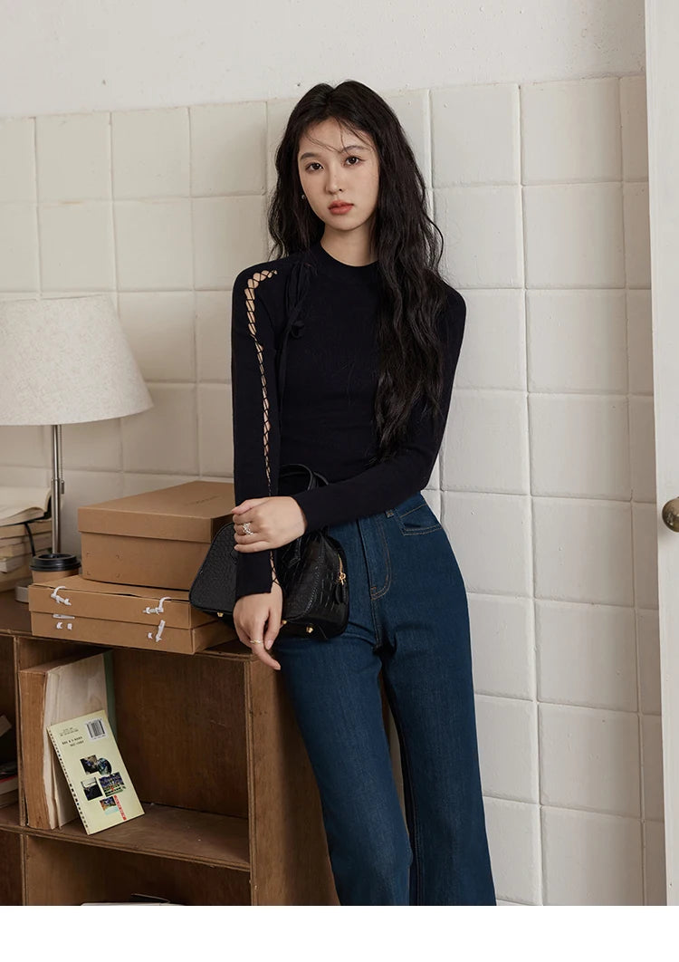 MISHOW Bottom Knit Sweater Women Fashion Hollow Tie Design Bottoming Shirt 2024 Fall New Warm Long-sleeved Slim Tops MXD45Z0766