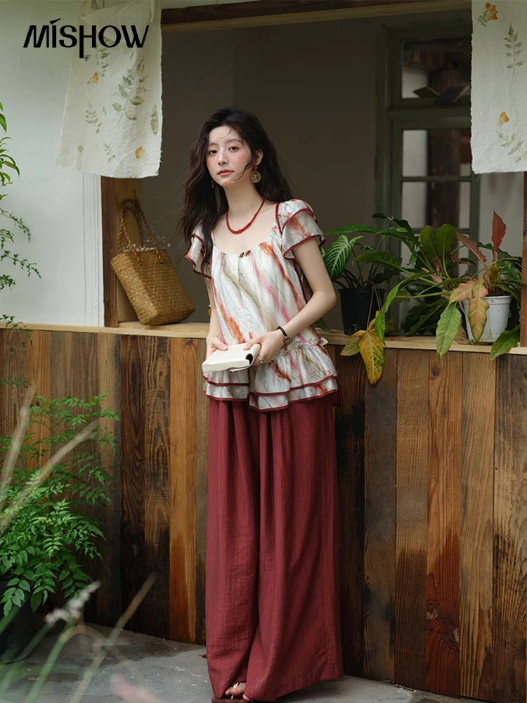 MISHOW Women's Wide Leg Pants 2025 Summer New Office Lady Fashion High Waist Casual Pocket Red Pants Female Clothing MXE38K0952