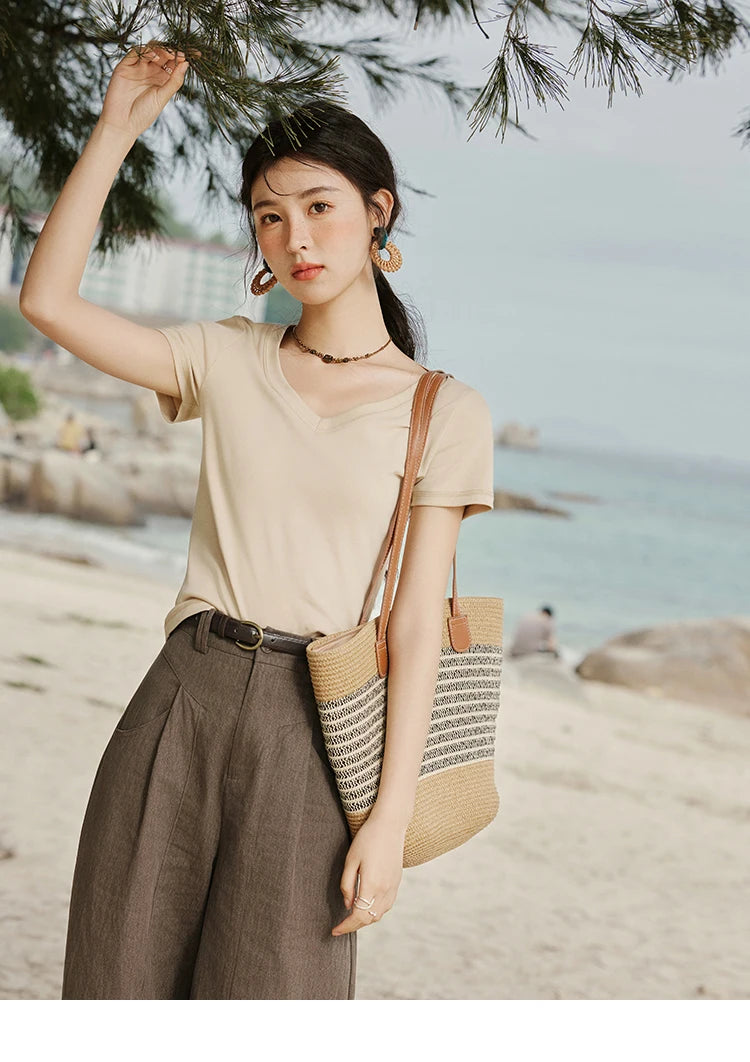 MISHOW Cotton Casual T-shirts Women New 2025 Short Sleeve V-neck Solid Versatile Shirt Female Fashion Basic Tops Lady MXE33T0519