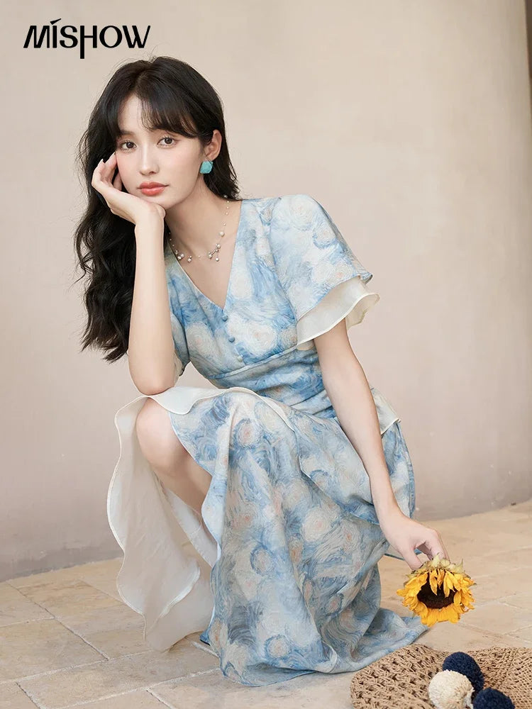 MISHOW [Van Gogh Collection] Fairycore Dresses 2025 Summer Double Layer Sleeves Asymmetrical V-Neck Printing Dress MXC39L1527