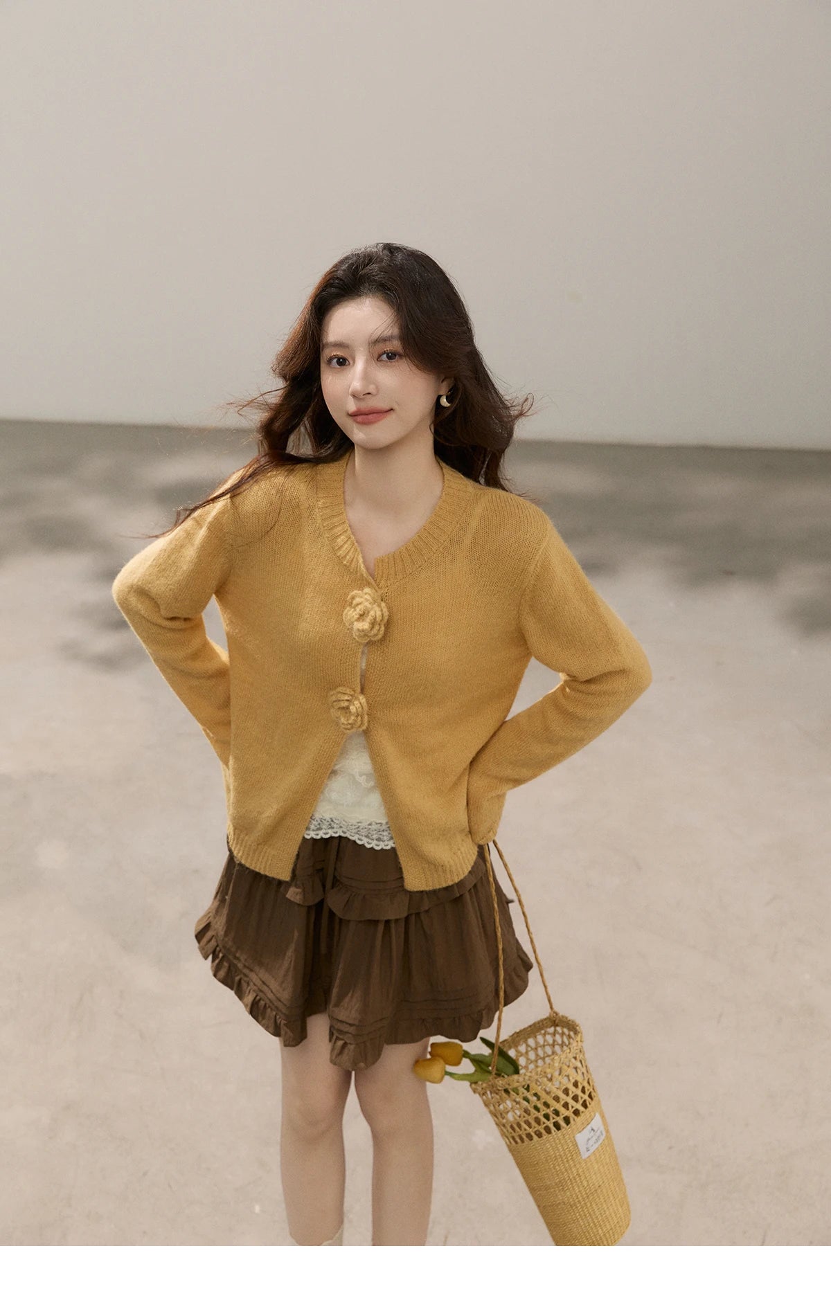 MISHOW Women's Flower Decor Mohair Fork Knit Cardigan 2026 Spring Crew Neck Long Sleeve Tops Casual Solid Sweater MXF15Z3051