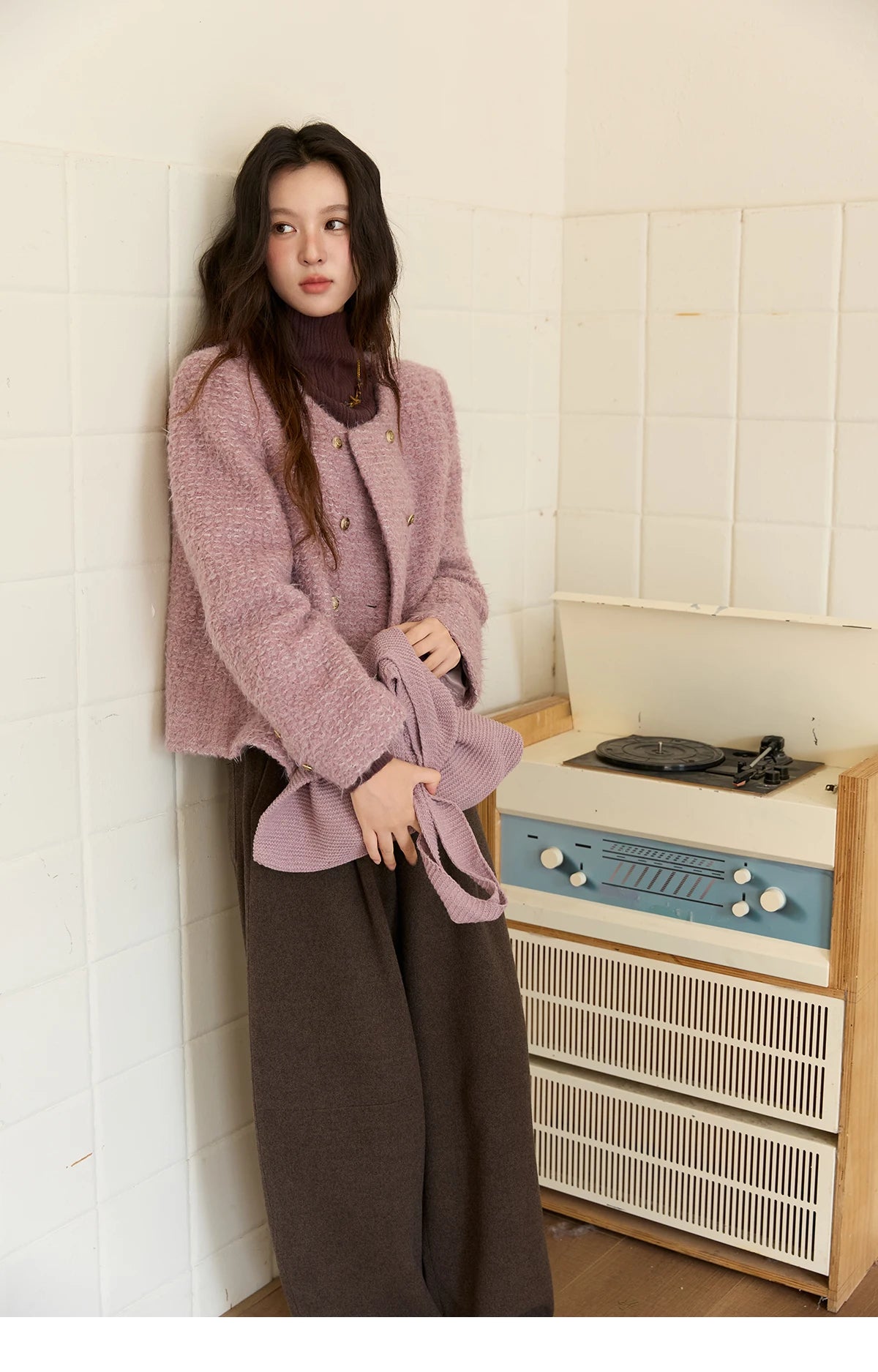 MISHOW Wool Coat Woman 2025 Purple Luxury O-neck Double-breasted Tweed Coat Commute Short Jacket Winter Clothes MXE88W0881