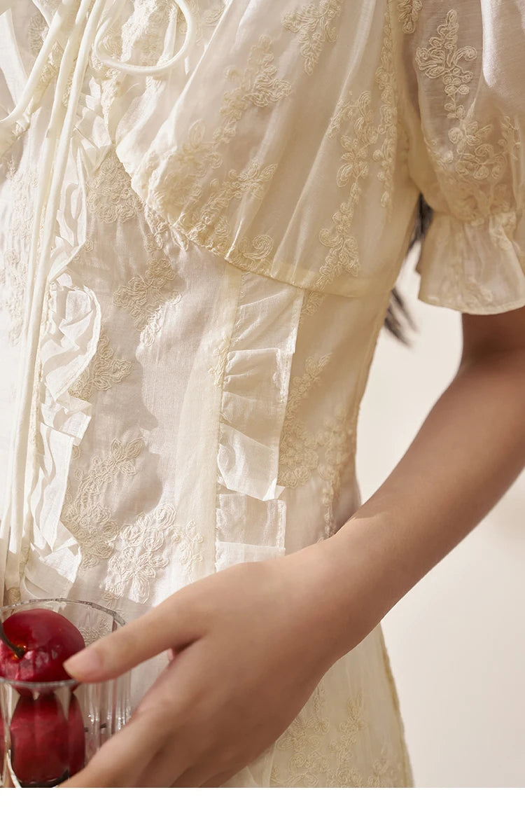 MISHOW Square Neck Vertical Stripe Ruffle Edge Dress 2025 Summer Tea Break French Bubble Sleeve Vacation Long Dresses MXD27L1808