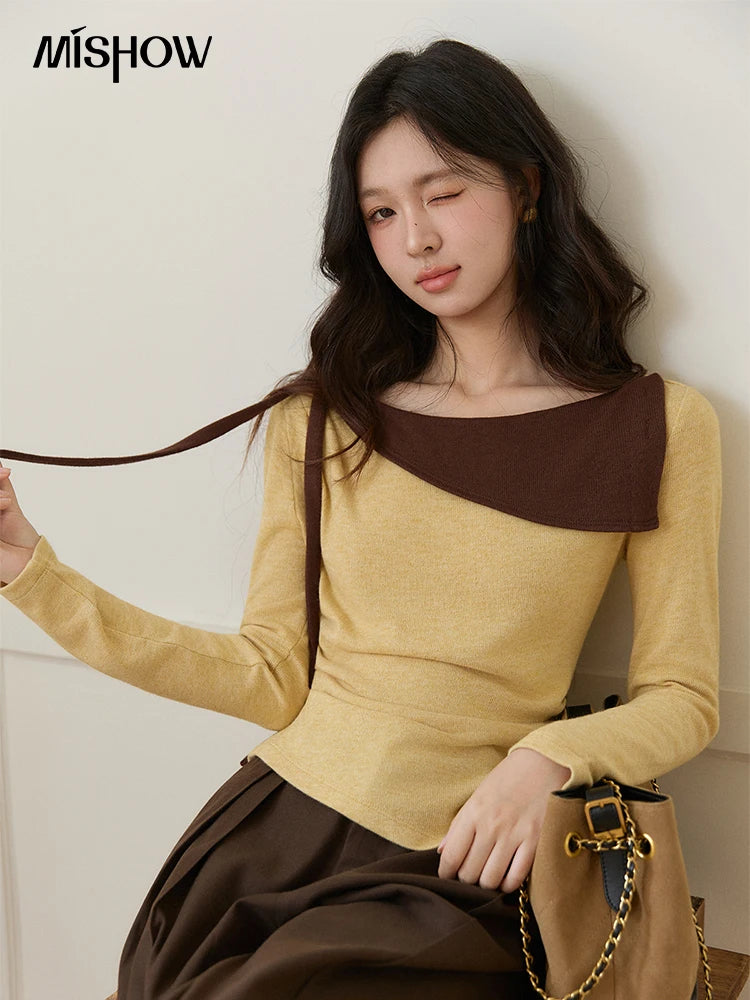 MISHOW Women's Yellow Brown Irregular Top 2026 Spring Contrast Color Oblique Collar Long Sleeve Casual Knitted Tops MXF11Z2911