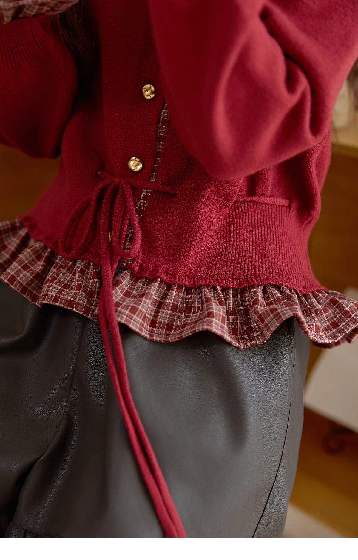 MISHOW Christmas Women's Cardigan 2025 Red Fake Two-Piece Plaid Patchwork Knit Top O-Neck Single-Breasted Outerwear MXE45Z2483