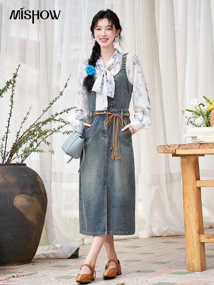 MISHOW Retro Denim Strap Dress for Women Spring Summer 2025 Symmetrical Diagonal Pockets Front Hem Slit Midi Dresses MXD14L1817