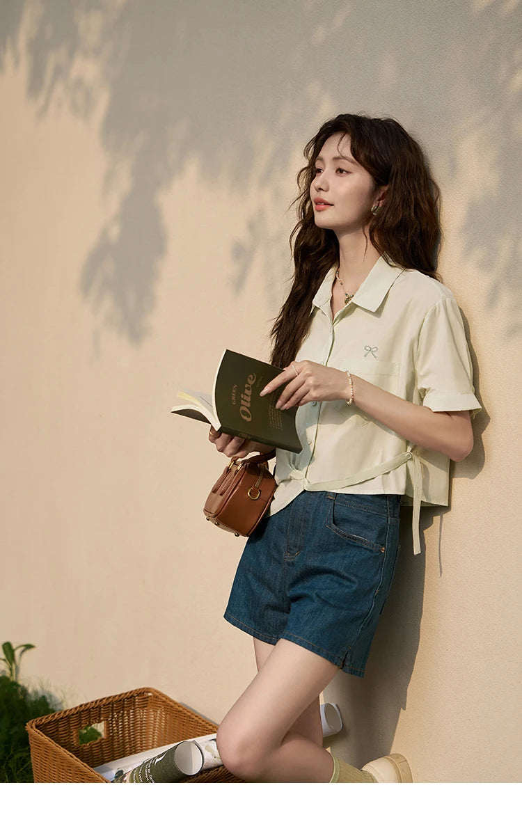 MISHOW Same Color Bow Embroidered Shirt Summer 2024 Lapel Collar Asymmetric Hem 100 Cotton Casual Short Sleeved Top MXD23C0257