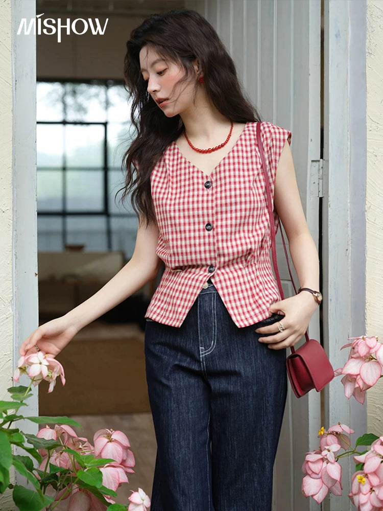 MISHOW Women's Fashion V-neck Shirt 2025 Summer New Plaid Ladies Red Button Shirt Casual Retro Top Female Clothing MXE37X1921