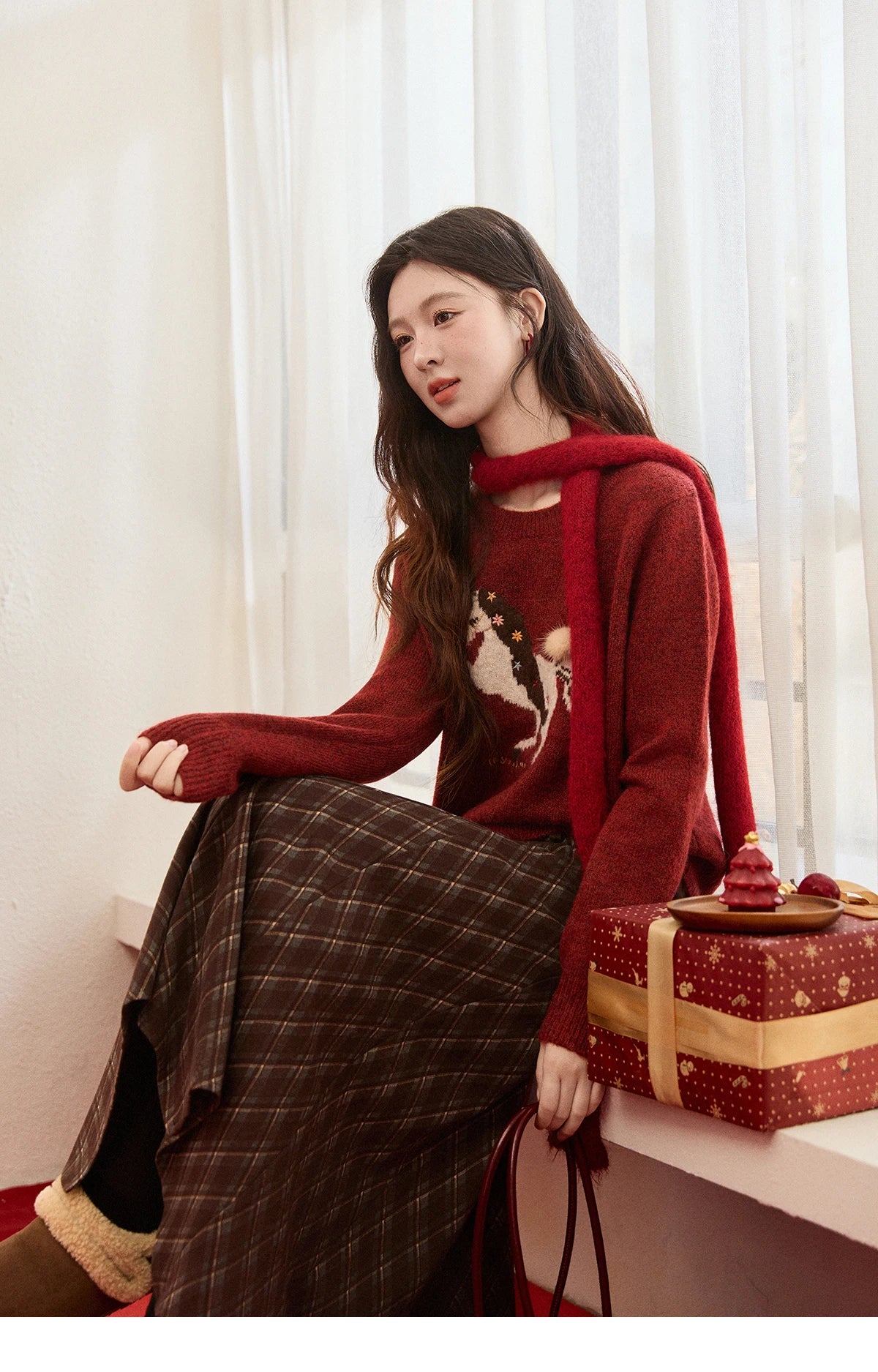 MISHOW Women's Christmas Red Jacquard Embroidered Pony Sweater 2025 Winter Thick Knitted Tops (Scarf Not Included) MXE94Z2861