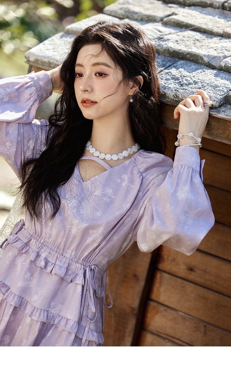 MISHOW Elegant Black Fungus Edge Dress for Women Spring 2025 Floral Lace-up Waist Dresses Long Sleeved Cake Dress MXE13L2101