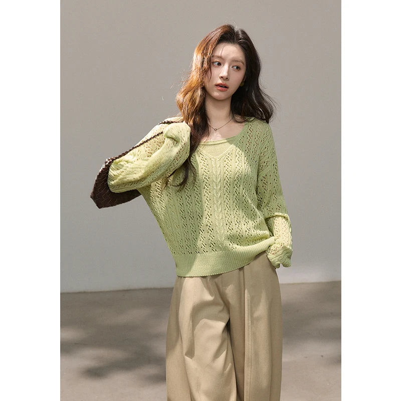 MISHOW Women's Hollow Out Cable Knit Tops with Camisole Two Piece Set Spring Loose Casual Breathable Green Sweater MXF16T1524