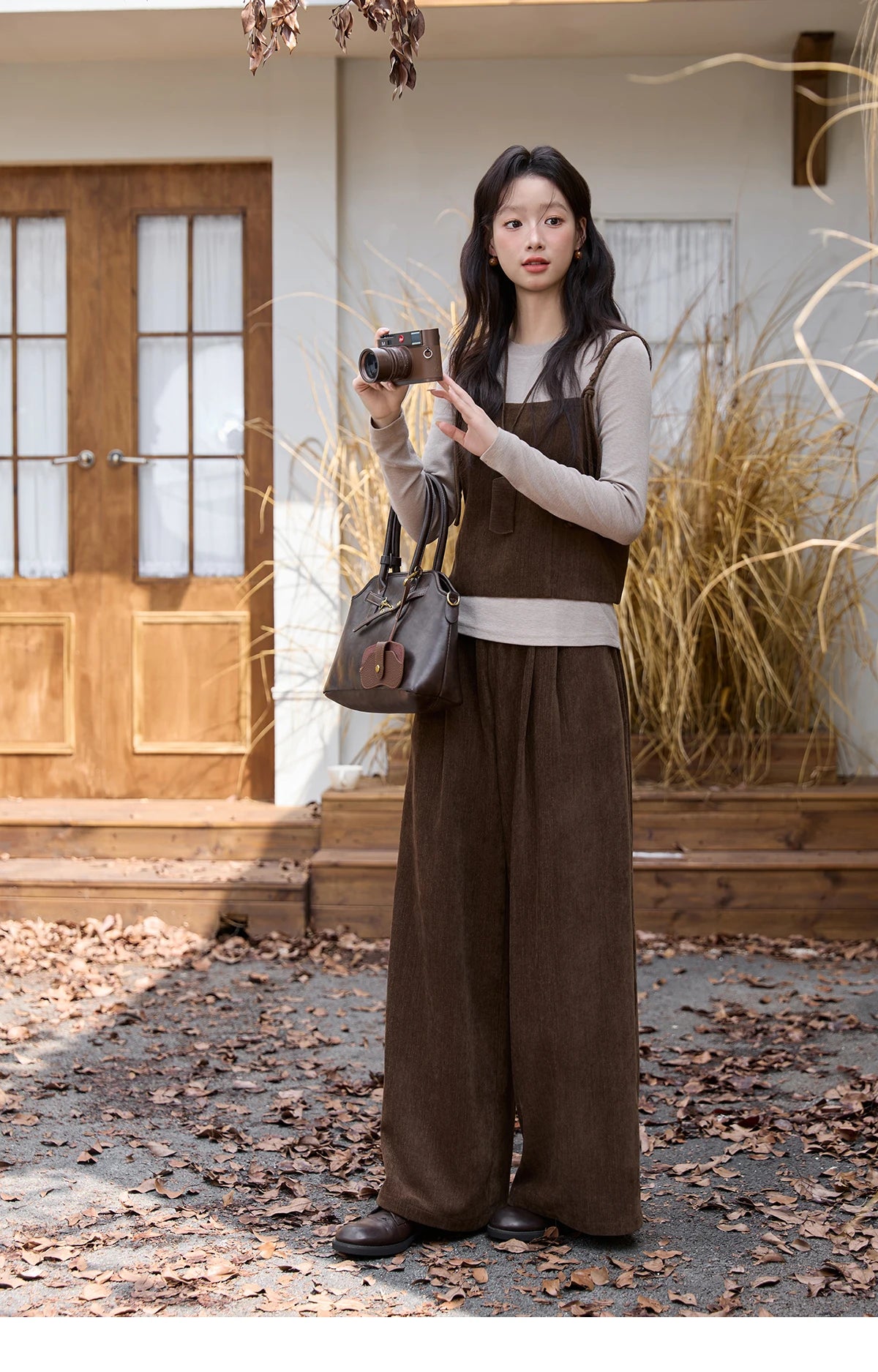 MISHOW Three-piece Suit Women 2025 Retro Brown Vest Wide-leg Pants Gray Long Sleeves Tops Autumn Women's Pants Set MXE49T1422