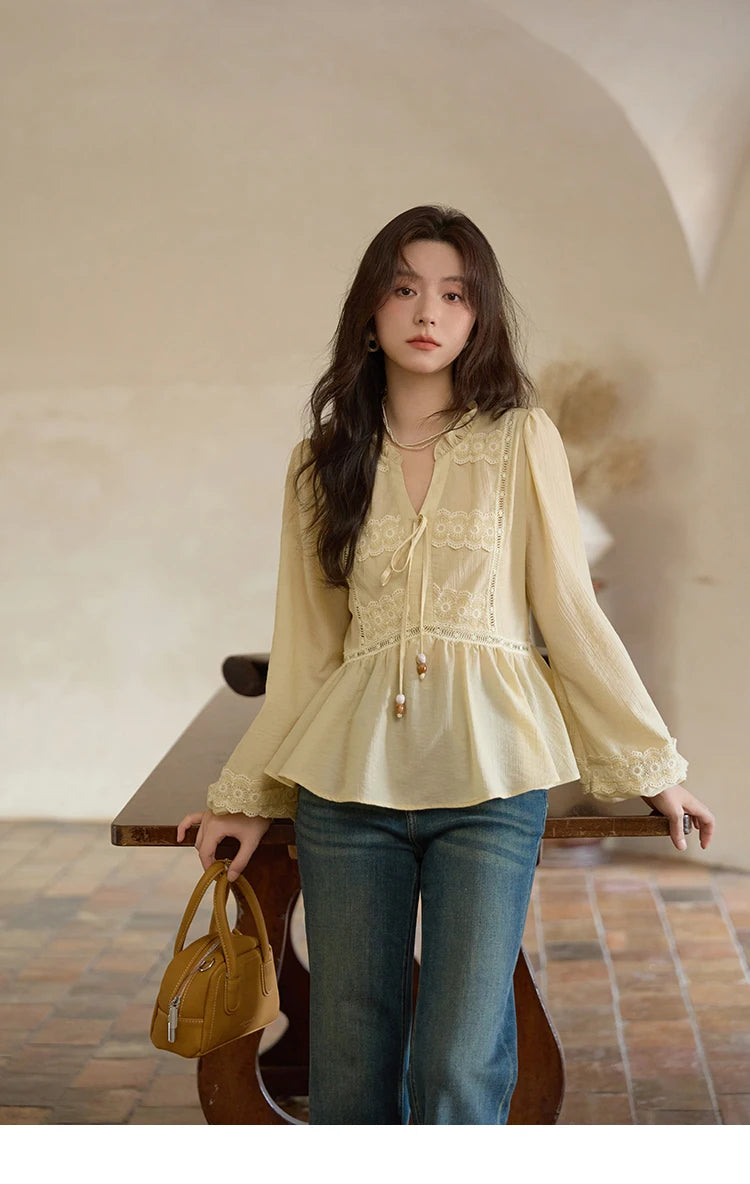 MISHOW French Thin V-neck Blouse 2025 Autumn Lace Patchwork Elastic Cuffs Top Bead Drawstring Lantern Sleeves Blouses MXE41X1925