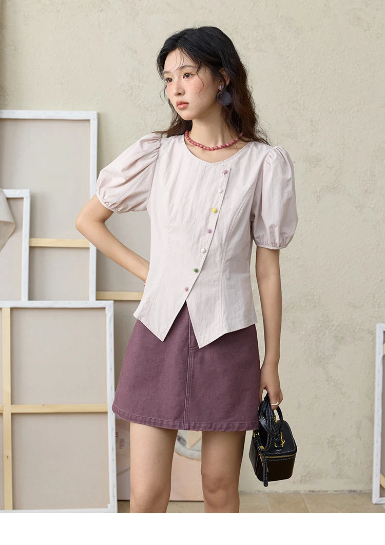 MISHOW Bubble Sleeves  Blouses for Women Summer 2025 Irregular Placket Tops Rainbow Button Solid Blouse Office Lady MXE34X1782