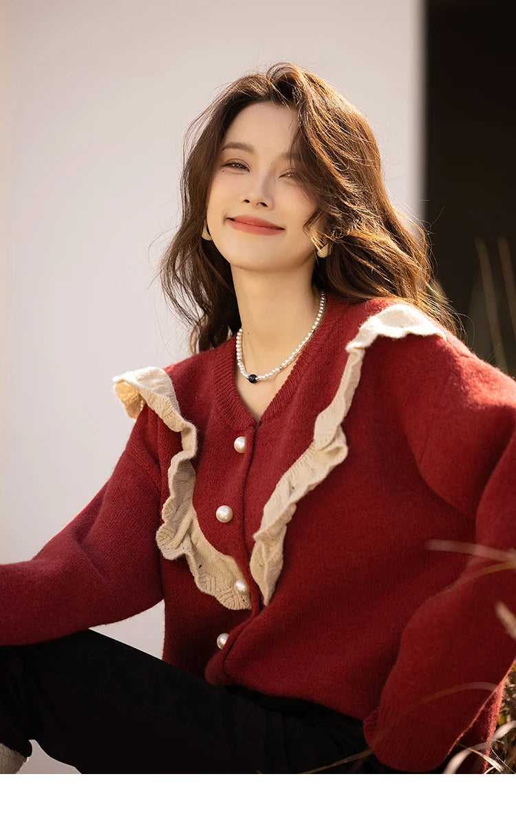 MISHOW Sweater Cardigan for Women Korean Fashion Ruffle Knitwears Autumn Winter Single Breasted Knitted Tops Jumpers MXB46Z1111