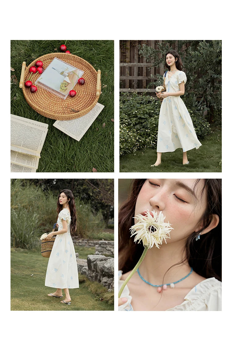 MISHOW French Print Summer Dresses for Women 2025 New Short Puff Sleeve V-neck Slimming Dress Female Fashion Cotton MXE32L2210