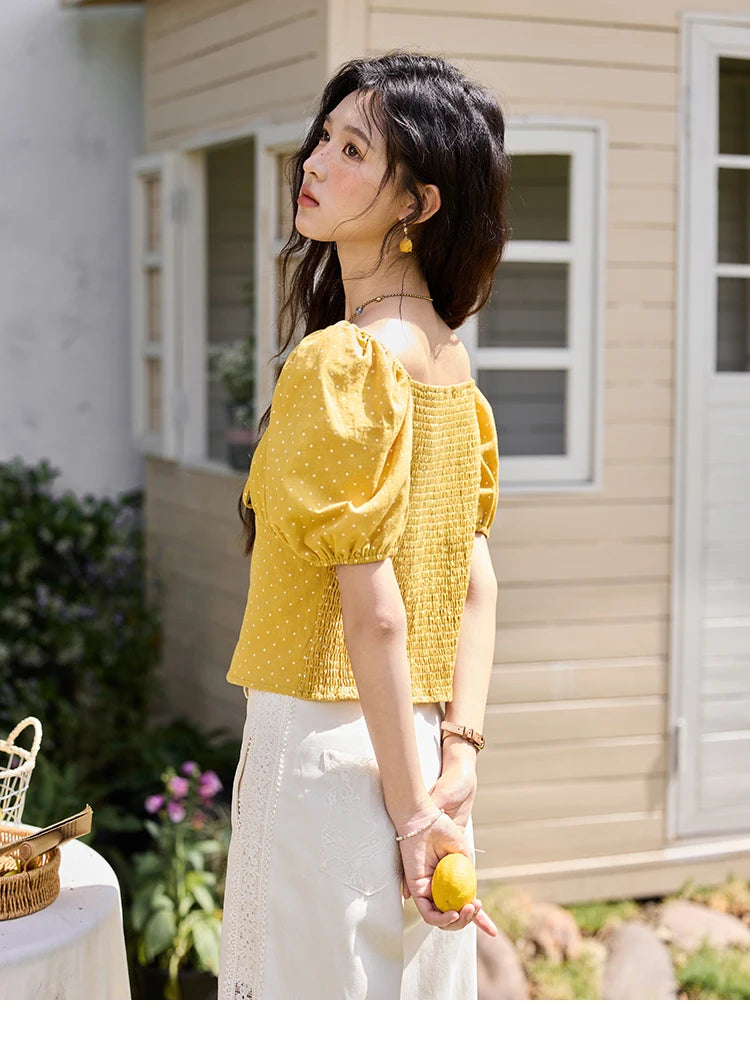 MISHOW Yellow Polka Dot One Shoulder Blouses for Women Summer 2025 Back Elastic Vintage 100 Cotton Top Lace-up Blouse MXE35X1840