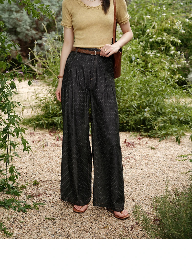 MISHOW Women's Fashion Polka Dot Pants Summer 2025 New High Waist Straight Pants Casual Button Zipper Wide Leg Jeans MXE38K0956