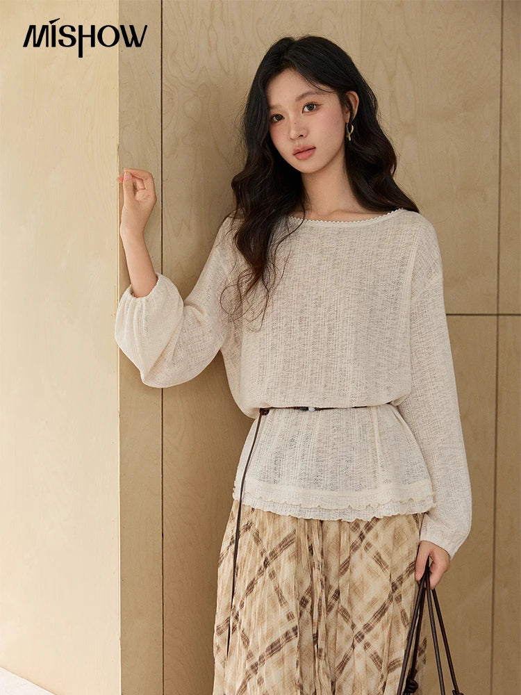 MISHOW Women's Lace Trim Boat Neck Knitted Tops with Belt 2026 Spring  Micro Transparent Loose Casual Thin Sweater MXF13Z3002