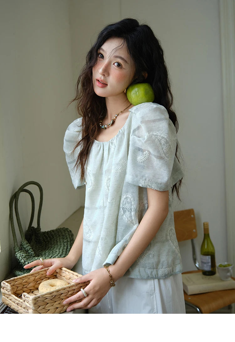 MISHOW O-Neck Blouse for Women 2025 Summer New Fashion Print Embroidery Puff Sleeve Loose Casual Top Ladies Clothing MXE34X1807