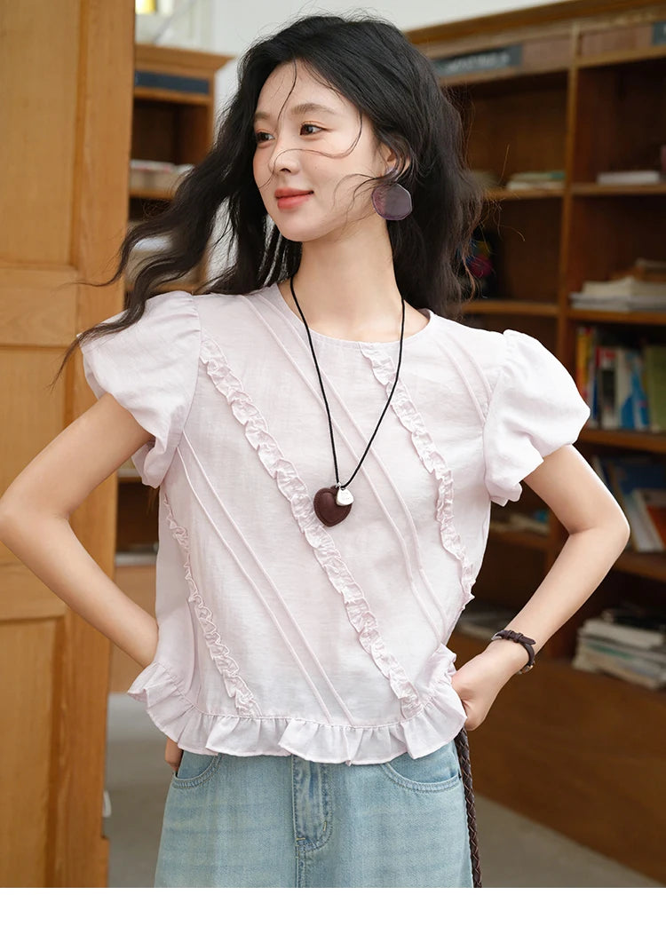 MISHOW Fashion Fungus Edge Puff Sleeve Blouses for Woman 2025 Summer O-Neck French Sweet Loose Top Ladies Clothing MXE39X1941
