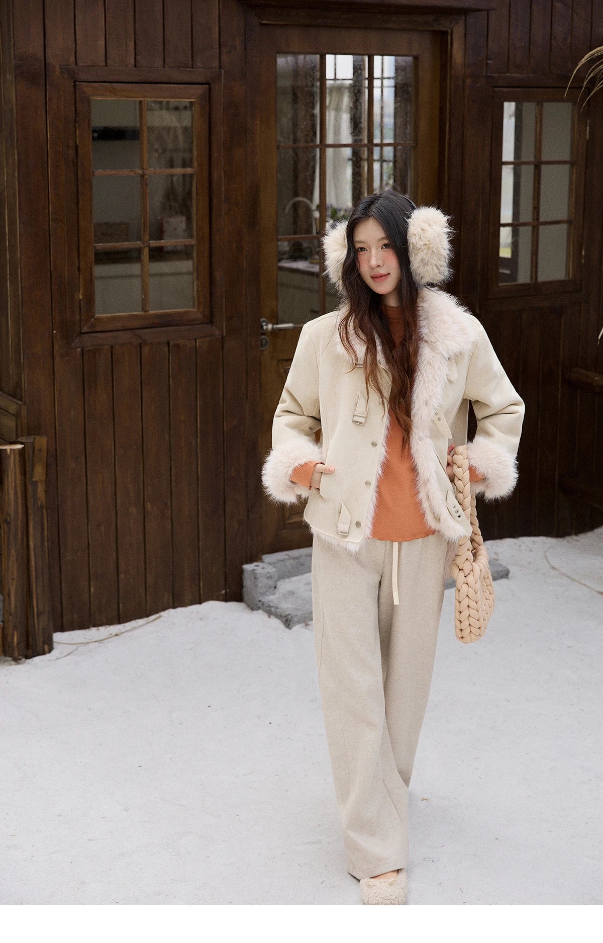 Mishow Faux Fur Lapel Short Coat with Plush Bag MXE91W1000