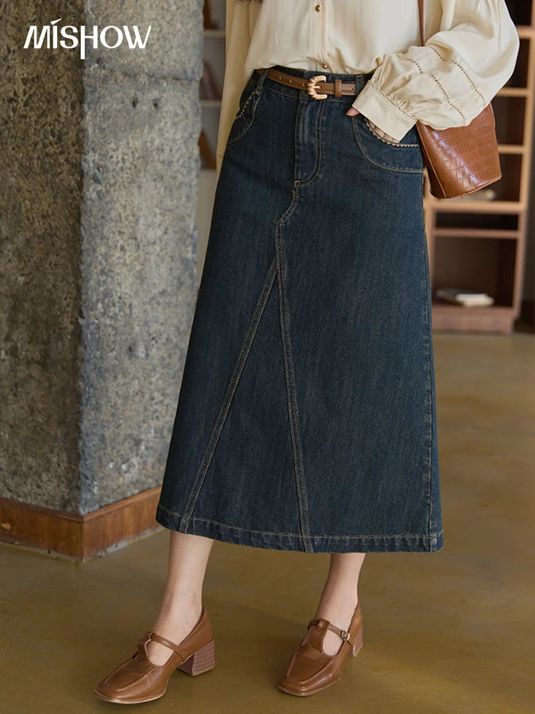 MISHOW High Waist Slim Denim Skirt for Women Autumn 2025 Fashion Pocket Skirt Rear Hem Split Casual Skirt Office Lady MXE41B2379