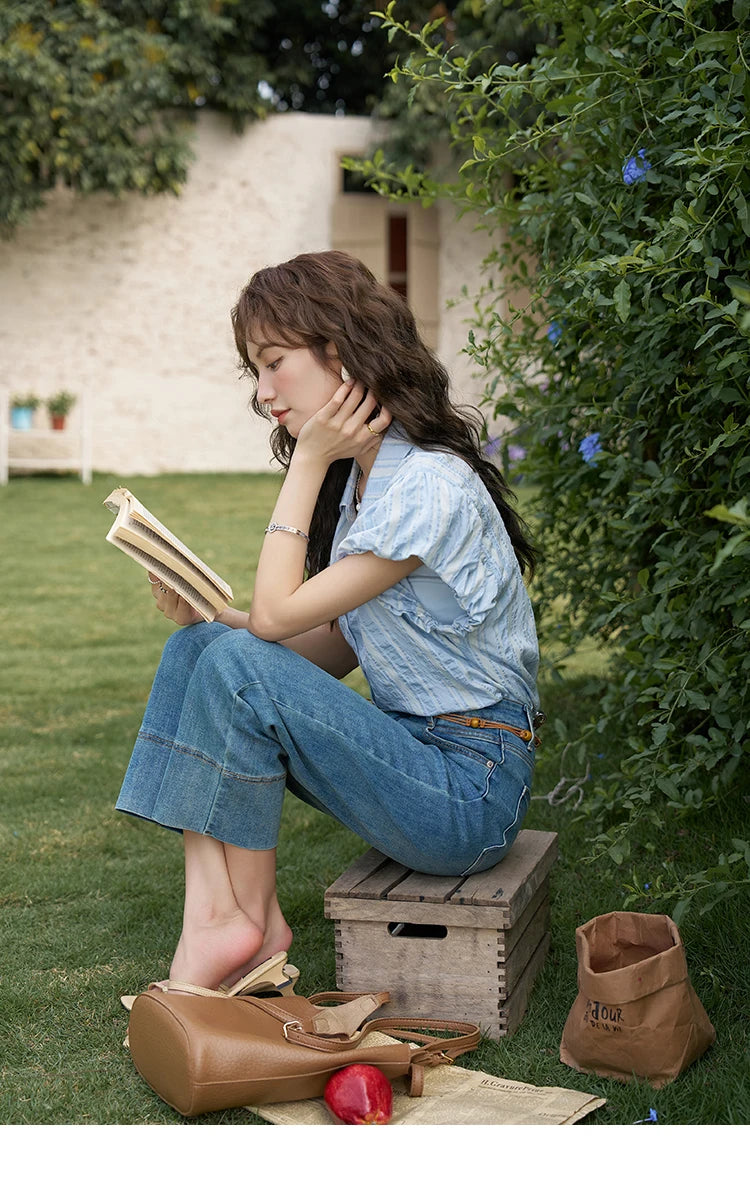 MISHOW Blue Striped Short Sleeve Shirt for Women Summer 2025 Bubble Flower Bud Sleeves Lapel Neck Shirt with Tube Top MXD24C0204