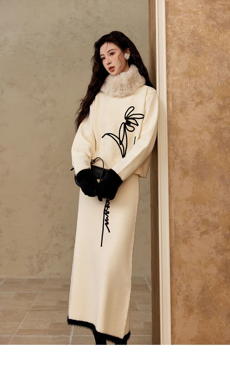 MISHOW French Skirt Sets Embroidery Spliced Contrast Color Two Piece Sets Women High Waist Midi Skirt Knitted Tops MXD57T0463