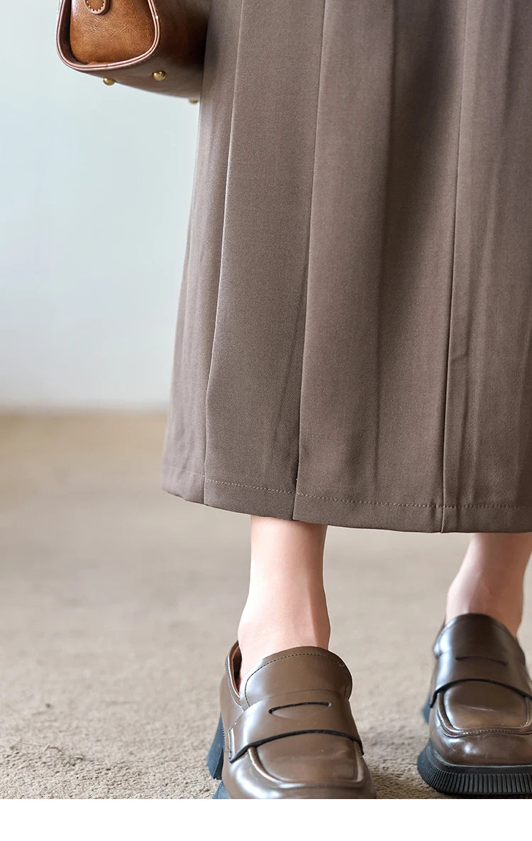 MISHOW Women's Midi Skirt 2023 Autumn Academy Pleated Commuter A-LINE Pockets Solid Split Back Hem Mid-Calf Skirts MXC42B0118