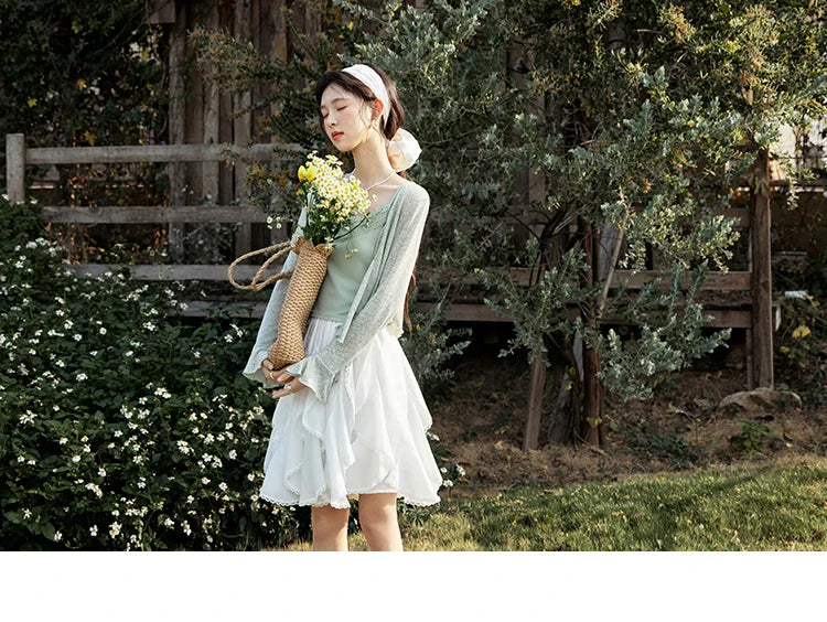 MISHOW Light Green Camisole Knit Cardigan Two-piece Set Spring Summer 2025 Lace Bow Camisole V-neck Cardigan Sets MXE15T0504