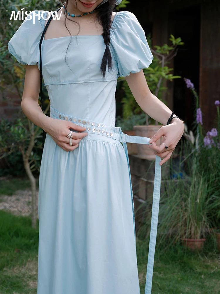 MISHOW Women's Square Neck Short Sleeve Dress 2025 Summer New Fashion Puff Sleeve Double Belt Dresses Ladies Clothing MXE34L2222