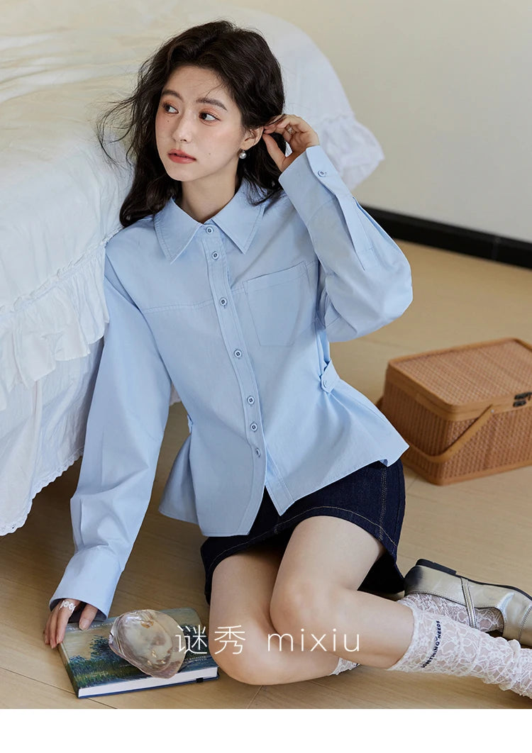 MISHOW Women's French Blue Shirt Long Sleeve 2025 Spring Polo Collar Waist Pocket Versatile Shirt Single Breasted Top MXE14C0753
