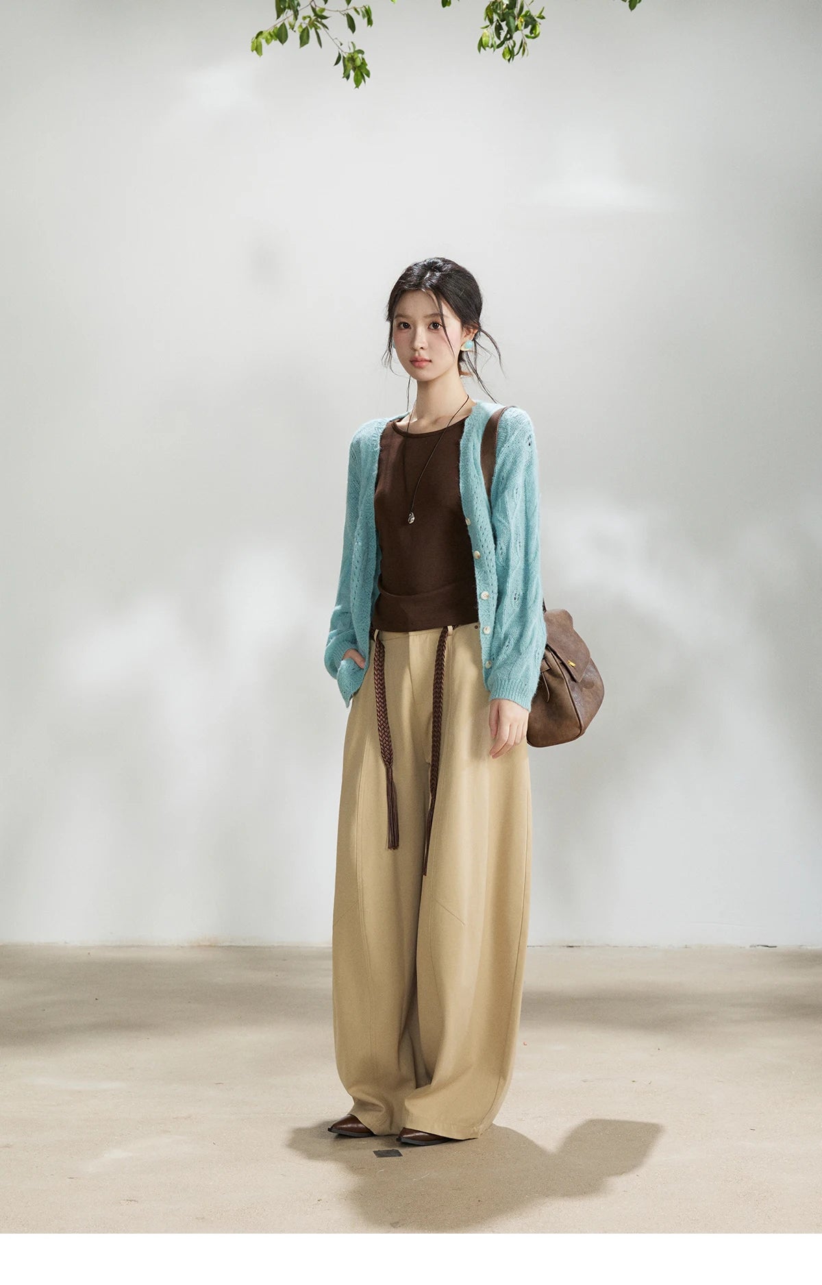 MISHOW Women's Blue Hollow Out Knit Cardigan 2026 Spring V Neck Wool Blend Tops Single Breasted Casual Thin Sweater MXF13Z2975