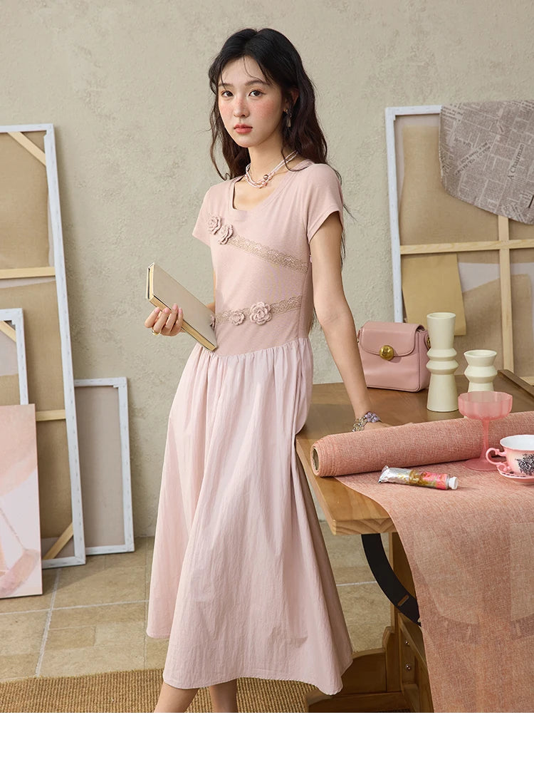 MISHOW Woven Patchwork Knitted Dress Female Summer 2025 French Waist Slim Long Dress Pink Round Neck Elegnat Dresses MXE36L2247