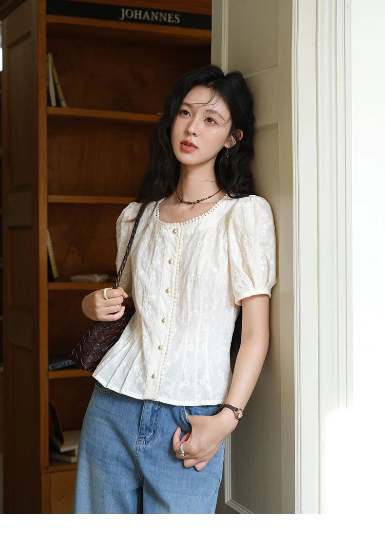 MISHOW Embroidery Cotton Shirt for Women 2025 Summer Fashion French Style Puff Sleeve Button Shirt Women's Clothing MXE39X1979