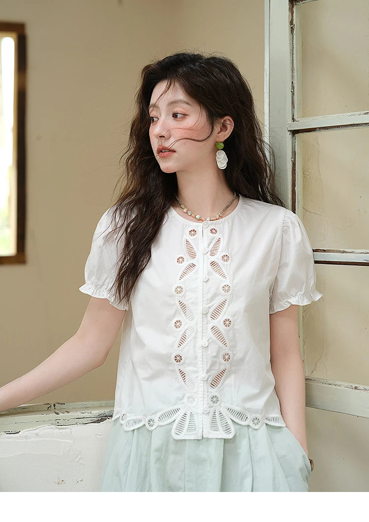 MISHOW 100%Cotton Hollow Embroidery Round Neck Shirt for Women 2025 Summer Puff Sleeve Casual Top Women's Clothing MXE39X1938