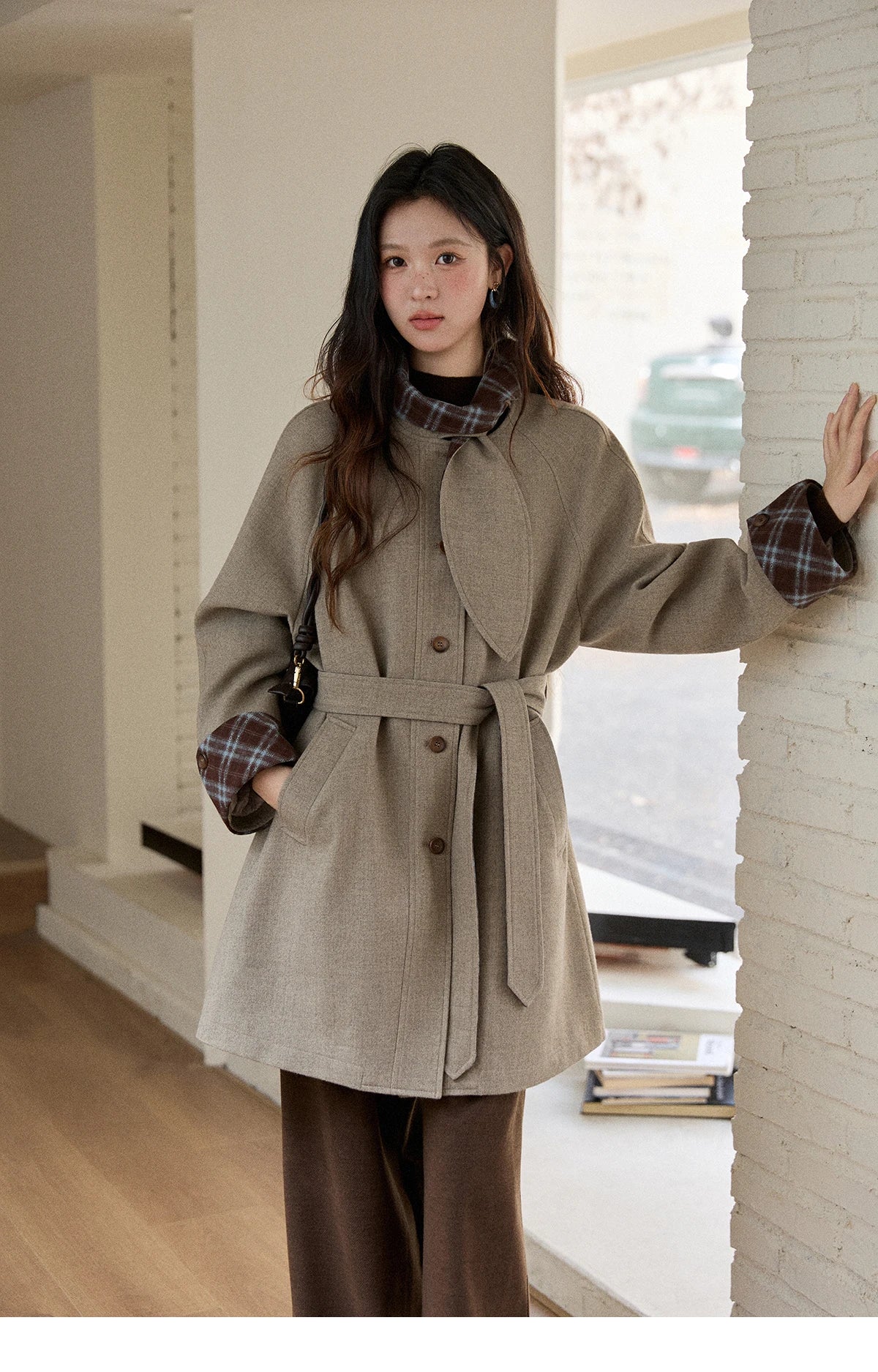 MISHOW Retro British Plaid Patchwork Woolen Coat Winter 2025 Rabbit Ear Tie Collar Waist Cinching Belt Woolen Coats MXE90W0924