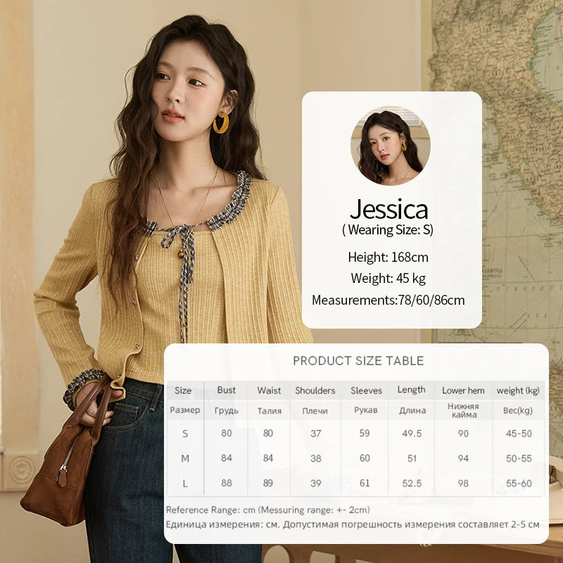 MISHOW Plaid Black Fungus Edge Tied Knitted Sweater for Women Autumn 2025 Pit Striped Knitted Fake Two-piece Top MXE44Z1361