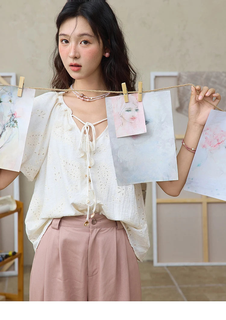 MISHOW Fashion Embroidery Jacquard Design Short Sleeve Shirt for Women 2025 Summer New V-neck Lace Up Retro Loose Top MXE35X1790