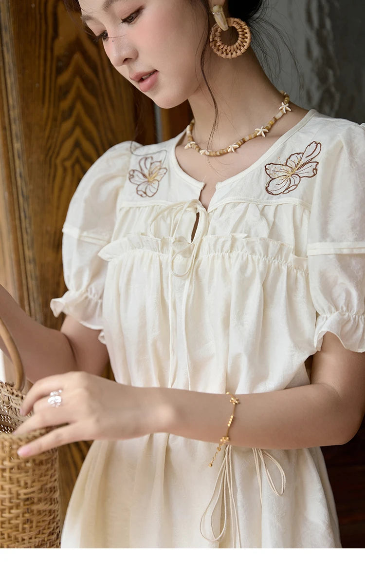 MISHOW Vacation Retro Sweet Dress for Women 2025 Summer Jacquard Embroidered Bubble Sleeve Dresses with Bohemian Belt MXD30L1864