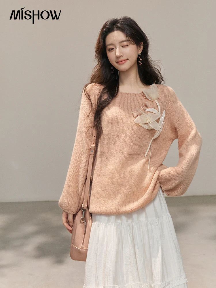 MISHOW 3D Floral Applique Crew Neck Knit Thin Sweater 2026 Spring Loose Casual Elegant Top Soft Pinkish Beige Sweater MXE47Z2649