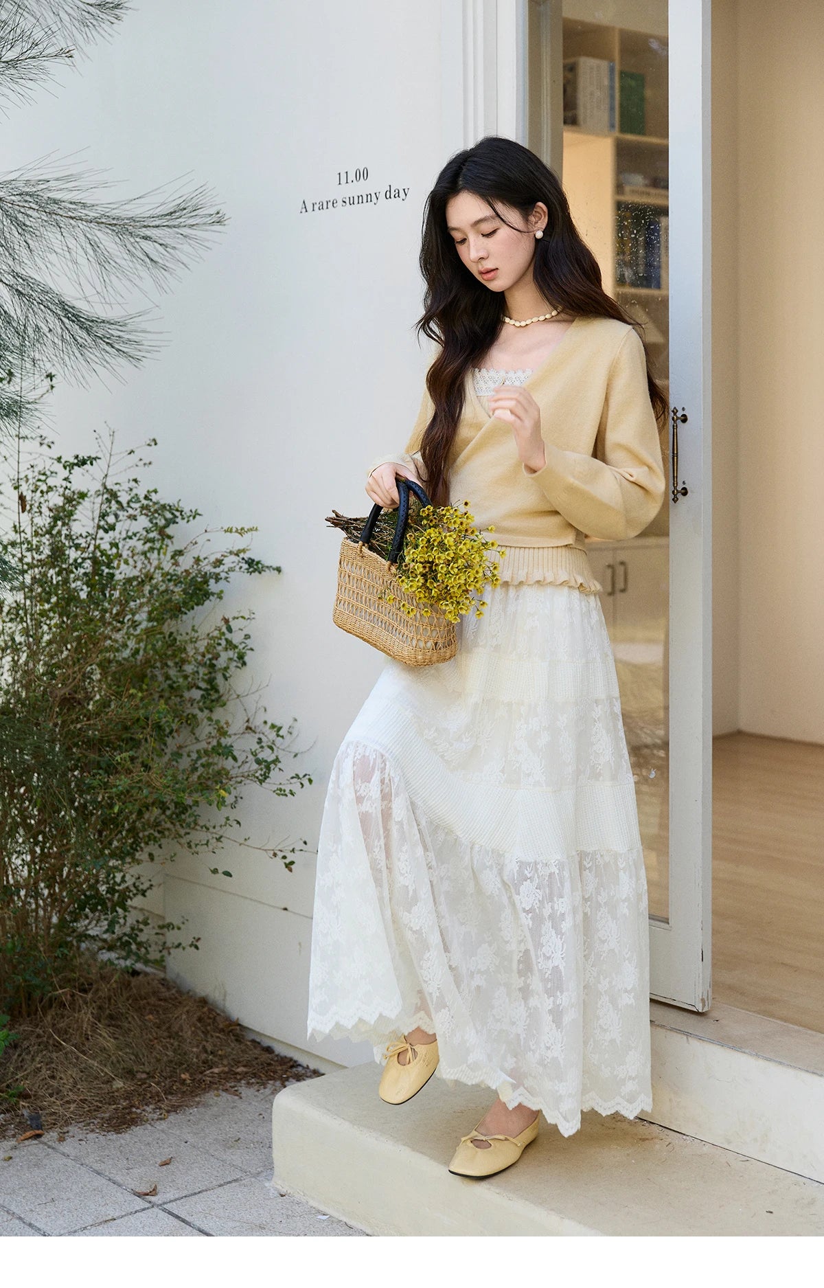 MISHOW Women's Yellow Two-Piece Set 2026 Spring Ruffled Hem Camisole Lace Trim Knitted Cardigan Casual Slim Outfit MXF11T1472